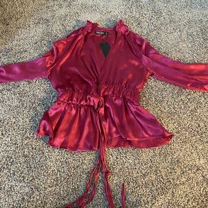 Nasty Gal Pink satin tie blouse